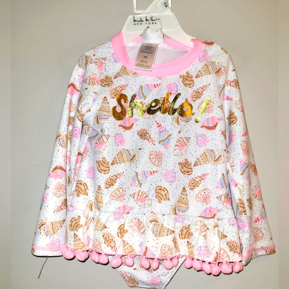 🆕️ Nicole Miller Toddler Girls Swimsuit 2 Piece Rashguard Seashell Print 24 Mon
